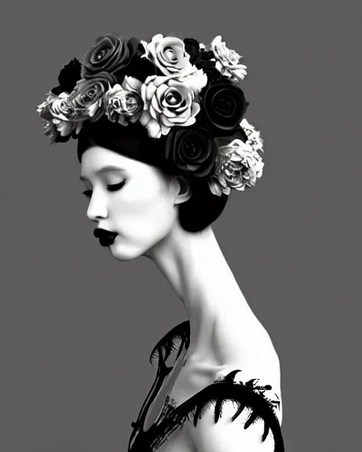 Image similar to dreamy surreal poetic black and white 3D render of a beautiful young porcelain female-cyborg-vegetal with a very long neck and a super big gothic lace collar filled with dead flies and a very high big floral crown with many black dry roses:: smoke, high fashion, haute couture, rococo, avant-garde, elegant, dreamy, hyper realistic, 150 mm lens, soft rim light, octane render, unreal engine, volumetric lighting, dramatic light,8k,