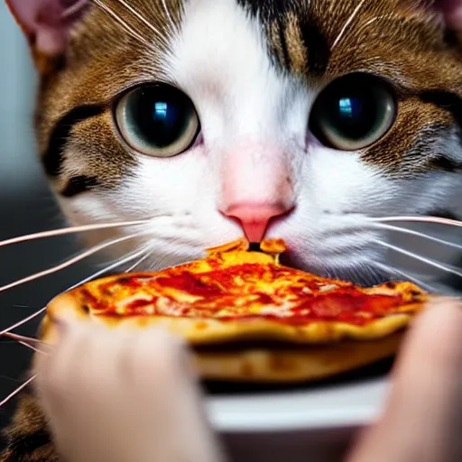 Image similar to close up of a cute cat eating pizza, off camera flash, fine hair detail, fine cat whiskers, sigma 24mm f/8