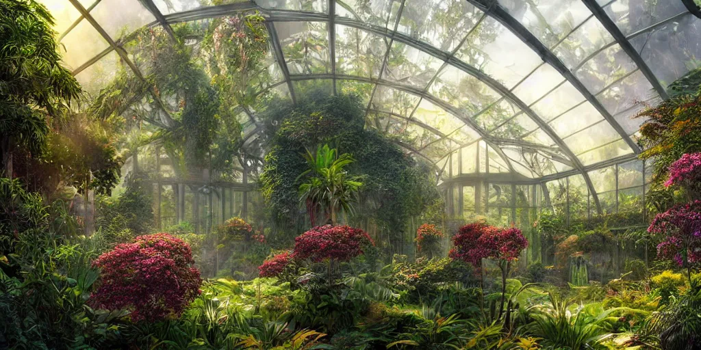 Prompt: long shot of a bright sun shining through a gardens in the bay interior, photo realistic glass conservatory, over grown botanical garden, pre raphaelite, atmospheric, ground mist, waterfalls, light streams, style of gardens in the bay singapore, art by artgerm, sharp, intricate detail,