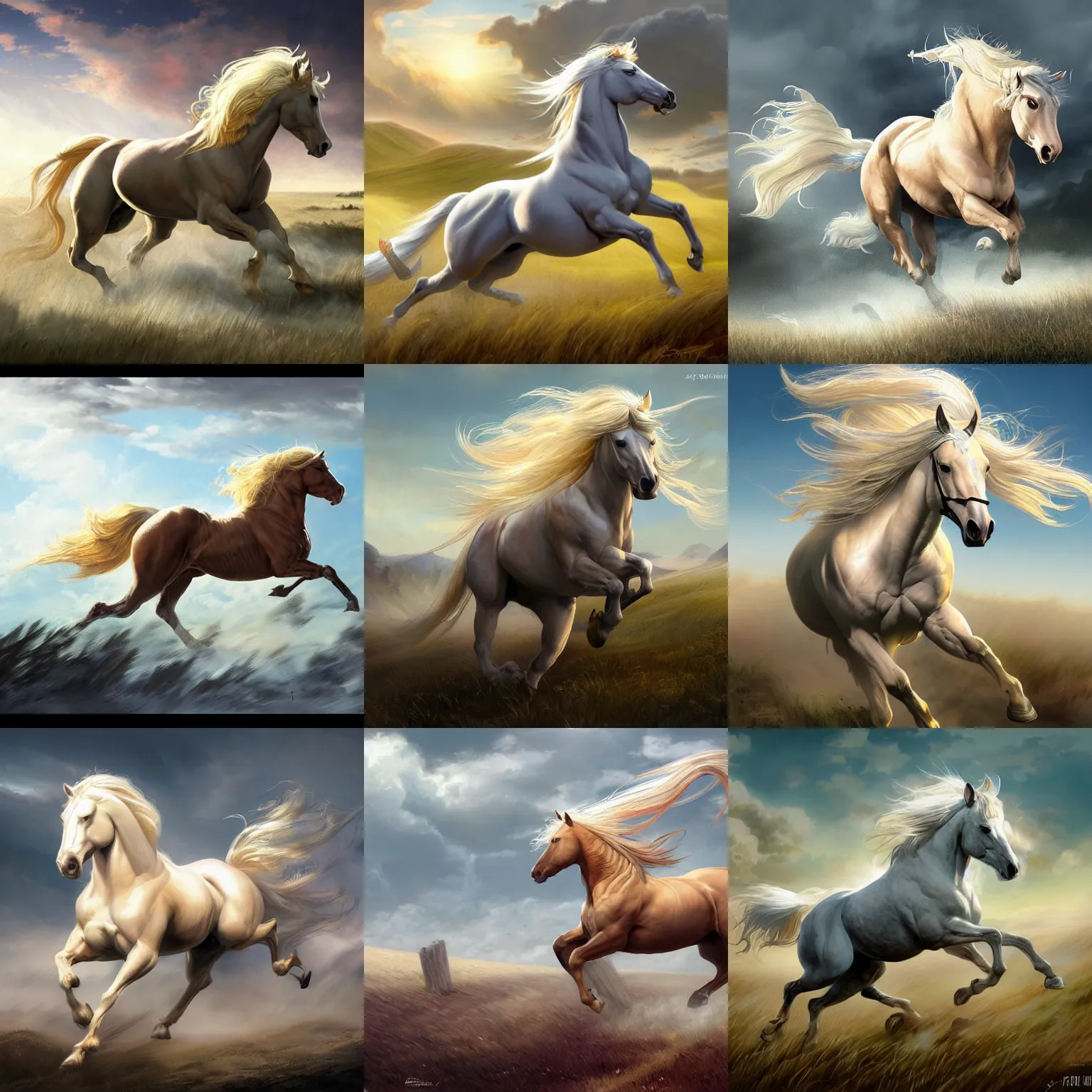 Prompt: white horse with blond mane running in field background, highly detailed, digital painting, artstation, concept art, sharp focus, illustration, aleksi briclot, frank frazetta