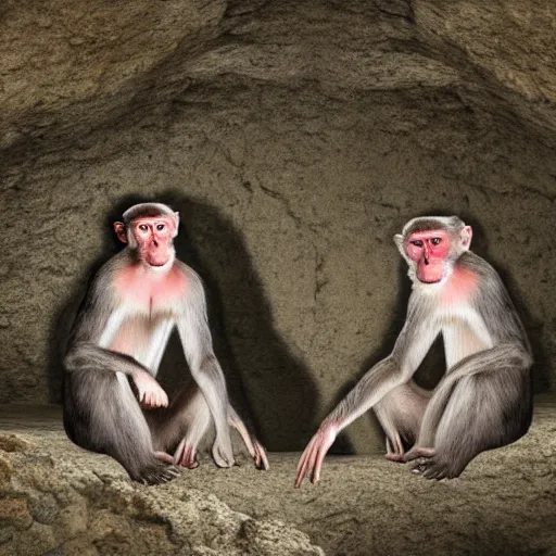 Prompt: two macaques looking at each other inside ancient cave, digital art, soft shadows, creepy art, flare effect