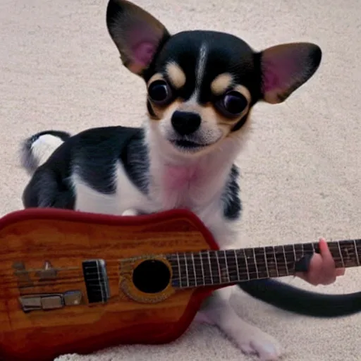 Prompt: chihuahua dog with big ears playing the blues guitar