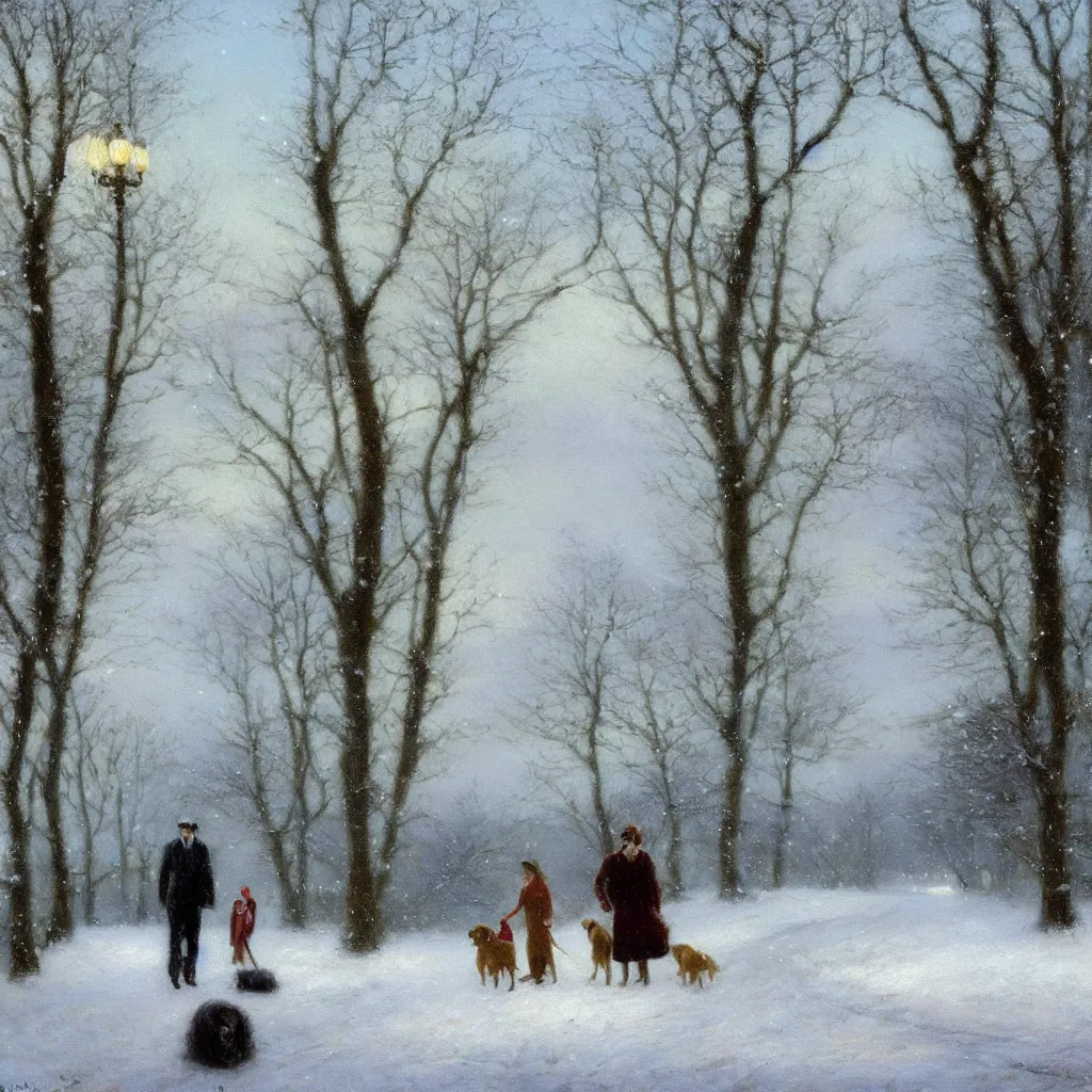 Image similar to Painting of a man and a woman walking their golden retriever dog in a snowy path, romantic, painted by Delphin Enjolras