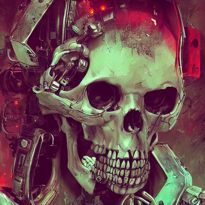 Image similar to a beautiful painting of a cyberpunk skull by pascal blanche and julian calle and nekro. in style of colorful comic noir illustration, symmetry, sci fi, hyper detailed. octane render. trending on artstation