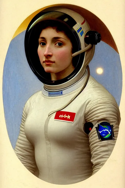 Image similar to a portrait of a female astronaut, wearing a spacesuit and helmet, by bouguereau