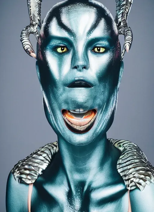 Image similar to an alien woman with iridescent shark skin, pirate weapons, by van herpen, iris