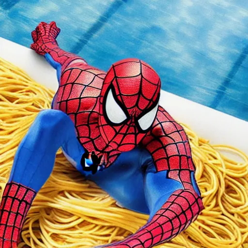 Prompt: spiderman swimming in a pool filled with spaghetti