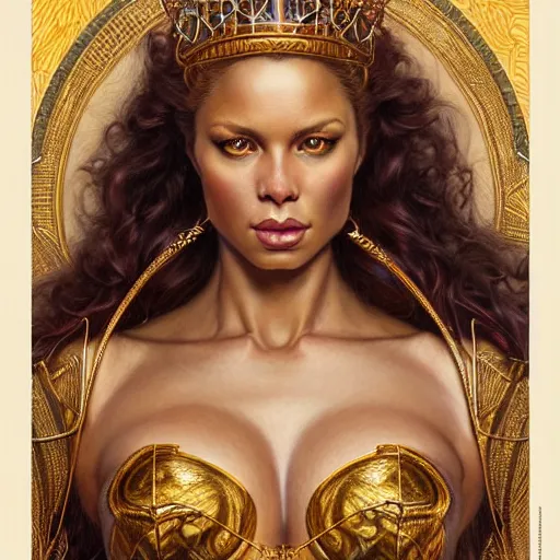 Image similar to highly detailed portrait of a majestic lioness queen in the form of a beautiful woman. d & d. art by donato giancola, chris rallis, anna dittmann, alberto vargas. trending on artstation, intricate details, energetic composition, golden ratio, concept art, illustration, elegant art, global illuminaition