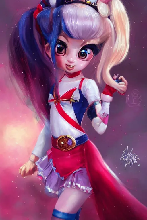 Prompt: a cute little princess inspired by Sailor Moon and Harley Quinn, highly detailed by ross tran, WLOP, artgerm