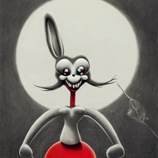 Image similar to charcoal drawing of bugs bunny with a wide smile and a red balloon by Zdzisław Beksiński, loony toons style, pennywise style, corpse bride style, creepy lighting, horror theme, detailed, elegant, intricate, conceptual,