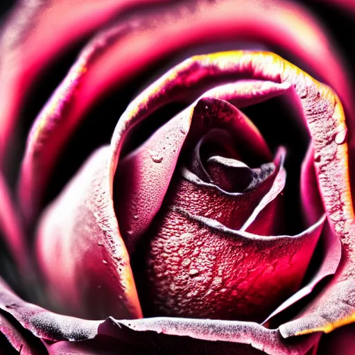 Image similar to award - winning macro of a beautiful black rose made of glowing molten magma