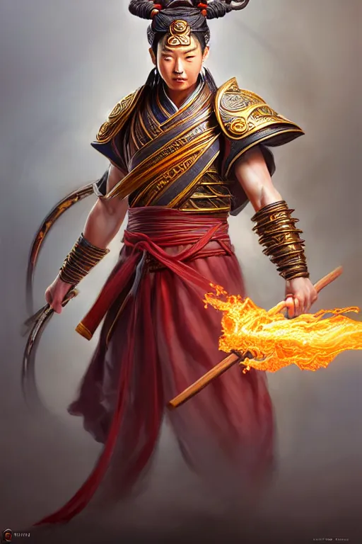 Image similar to charming nezha, highly detailed, man holding spear, flame everywhere, epic pose, masterpiece chinese fantasy character portrait, highly detailed, digital painting, trending on artstation, concept art, sharp focus, illustration, global illumination, ray tracing, realistic shaded, art by artgerm and greg rutkowski and fuji choko and viktoria gavrilenko and hoang lap