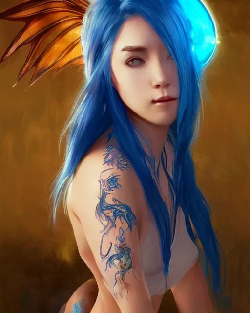 Image similar to pretty girl with a dragon back tattoo, blue hair, dj sura, laser lights, sharp focus, digital painting, 8 k, concept art, art by wlop, artgerm, greg rutkowski and alphonse mucha