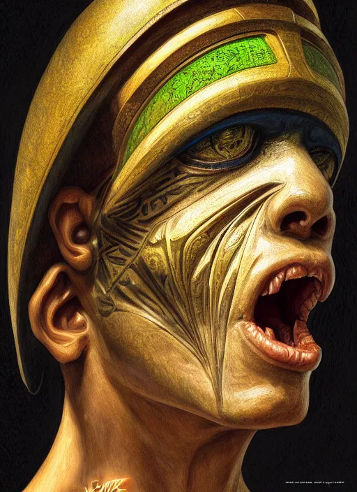 Image similar to 4 chan pepe, ancient egyptian god kek, sad, portrait, intricate, elegant, highly detailed, digital painting, artstation, concept art, wallpaper, smooth, sharp focus, illustration, art by h. r. giger and artgerm and greg rutkowski and alphonse mucha