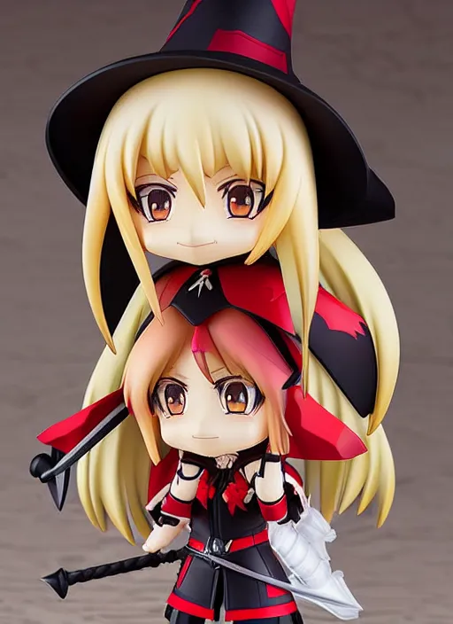 Image similar to nendoroid anime beautiful female witch with long blonde hair and a sword in her hands, red eyes, pretty symmetrical face, fullbody, black and red armor, magic, anime, nendoroid, magical, motes of light