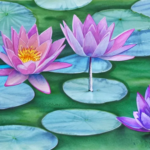 Image similar to watercolour painting of waterlilies with a teal background