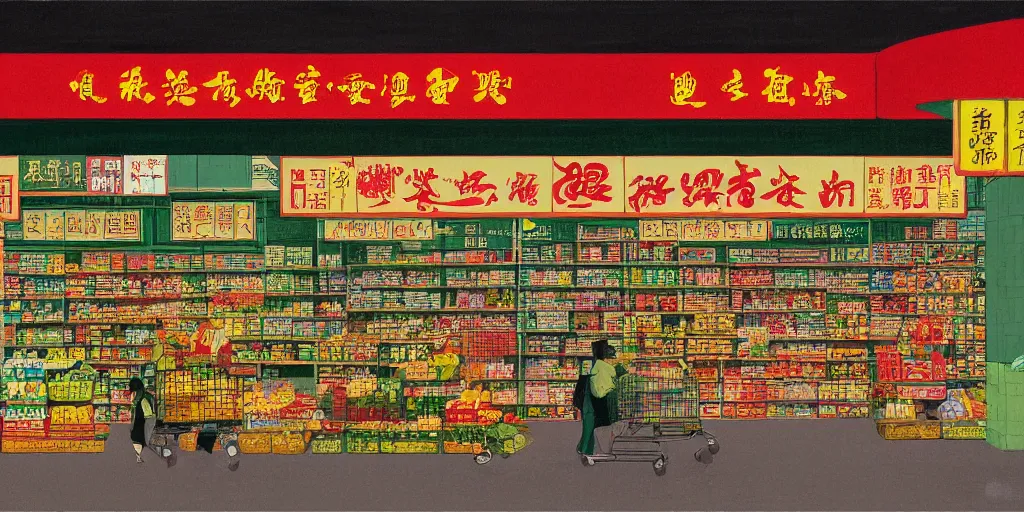 Prompt: a supermarket in hong kong, by dan mumford and peter doig and edward hopper, minimal, black in, thick lines highly detailed, muted colours, overlaid with chinese adverts, 8 k