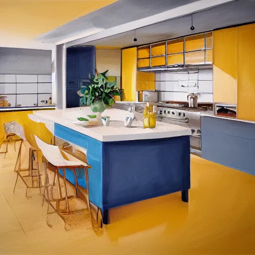 Prompt: interior of a kitchen, golbehi color scheme, photorealist, 4 k