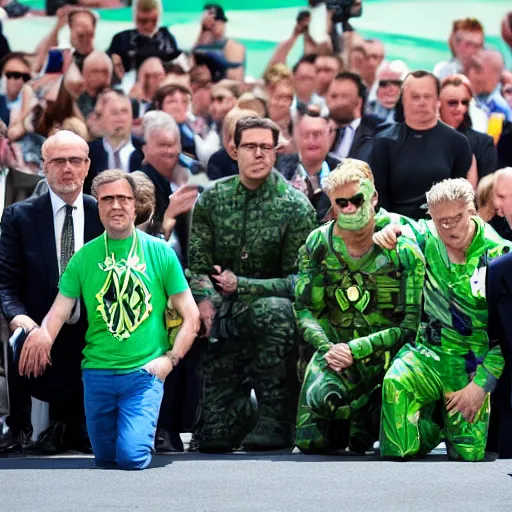 Prompt: king of sweden pledging his allegiance to the nato flag while hulk and the green lantern kneels beside him and the people are cheering down at the square