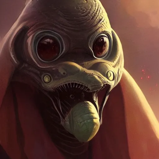 Prompt: concept art of an star wars alien by greg rutkowski, round noseless face, amphibian appearance, dark greekn skin, round eyes, nervious attitude, detailed portrait, very very beautiful art, artstation hq.