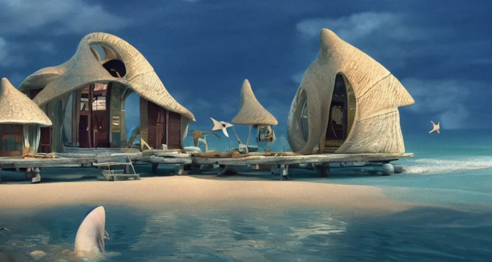 Image similar to seashell house where a little girl lives, atmospheric cinematography by syd mead and emmanuel lubezki