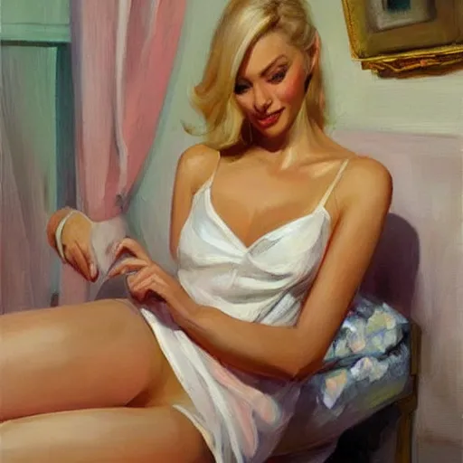 Prompt: tall blonde with curves in the bedroom painting by Vladimir Volegov