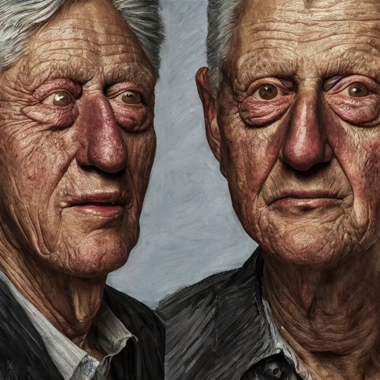 Prompt: hyperrealistic close up studio portrait of aging old Bill Clinton age 85 wrinkled weeping, oil painting by Ivan Albright and Lucian Freud and Ron Mueck, trending on artstation Studio lighting hyperrealism