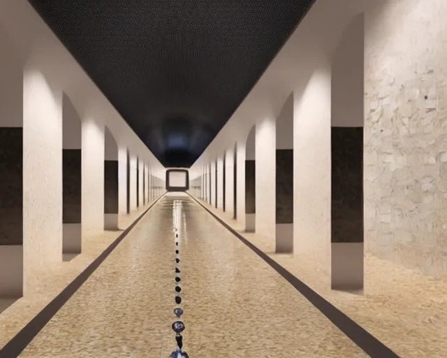 Prompt: 3 d photorealistic hyper realistic render of an endless corridor of tiled swimming pool underground, endless tunnel, ambient light, heavenly light pouring in through windows, unreal engine, octane render