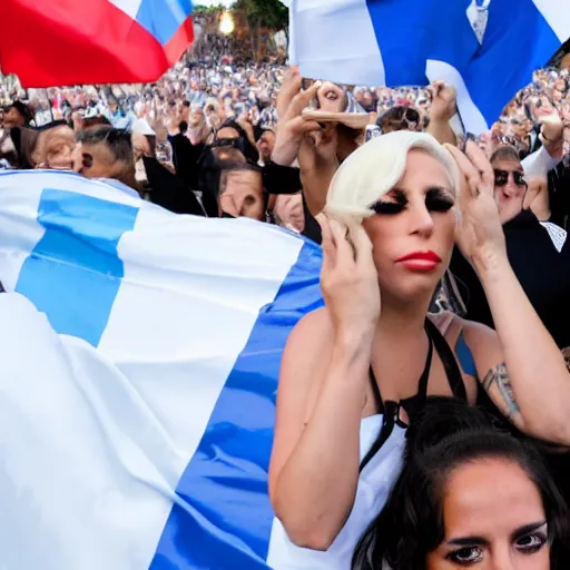 Image similar to Lady Gaga as president, Argentina presidential rally, Argentine flags behind, bokeh, giving a speech, detailed face, Argentina