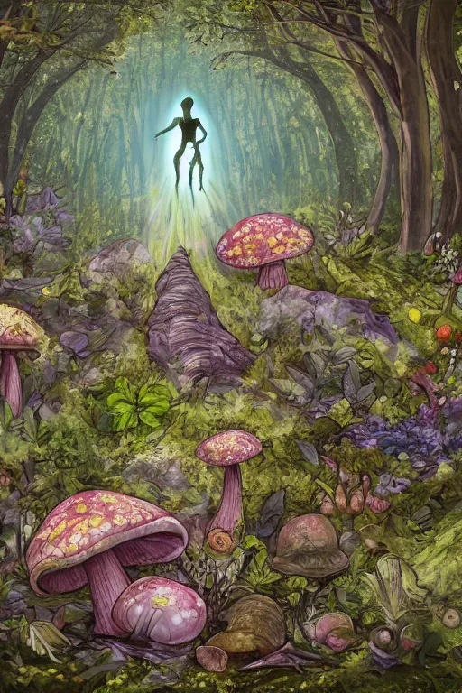 Prompt: dead body decaying on the forest floor, flowers and mushrooms grow from the body, god rays, concept art, painting