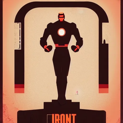 Prompt: retro poster with a painting of a iron man, an art deco painting by tom whalen, trending on behance, art deco, digital illustration, storybook illustration, art deco, flat shading, vector art, airbrush