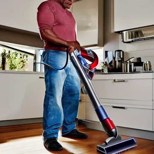 Image similar to a realistic photography of mike tyson vacuuming his kitchen with a dyson vacuum photoshoot fashion