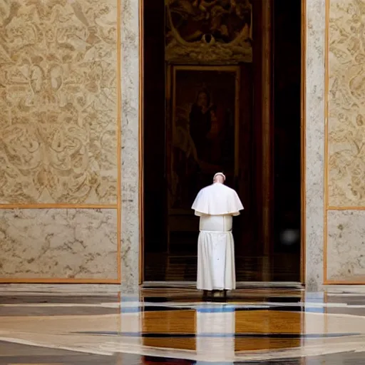 Prompt: the pope doing a back flip in an empty hallway