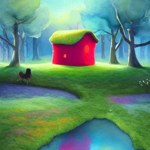 Image similar to a watercolor art in shape of volumetric!! wool felting small wooden house in the middle of spring forest, bright colours, children illustration, 4 k, matte painting, by rhads