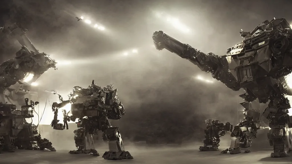 Prompt: bernie sanders putting the finishing touches on an armored weaponized mech robot, cinematic moody lighting, smoky laboratory, sharp focus, imax