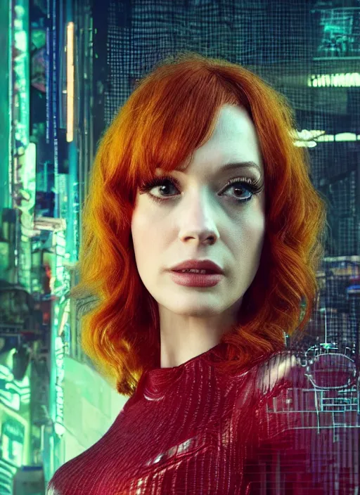 Image similar to upper body photograph portrait of a very pretty!!! christina hendricks in cyberpunk 2 0 7 7, symmetric face, petzval lens, sharp focus, smooth, space station. by alesio albi and george lucas and stanley kubrick