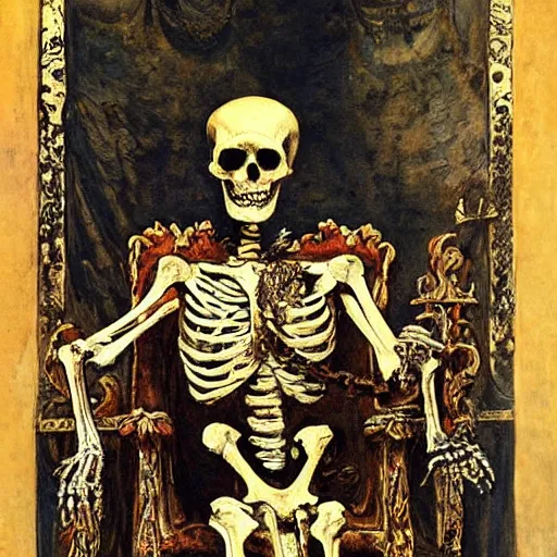 Image similar to a skeleton king, sitting on a throne, elegant, painted by Gustave Moreau