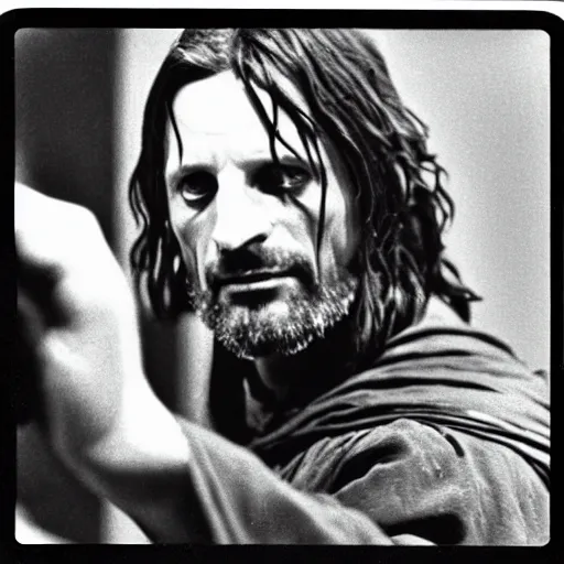 Prompt: Aragorn, from lord of the rings, gets arrested for stealing the one ring, and is taken away in handcuffs,1980s Polaroid photo-journalism flash photography, black and white