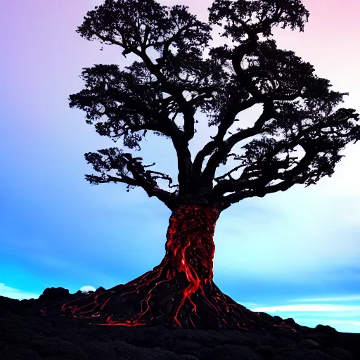 Image similar to giant tree of life being consumed by ice lava