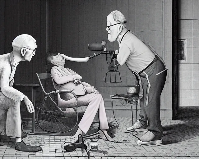 Image similar to the famous snake oil salesman Uncle Aloysius curing a patient of the pink wojacity, painting by Grant Wood, 3D rendering by Beeple, sketch by R. Crumb