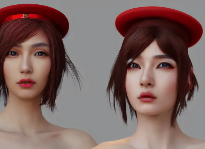 Image similar to stunning render portrait of a beautiful oriental woman with red hair wearing a hat, her eyes are green. 4 k, daz, octane, zbrush, maya, 8 k, artstation.