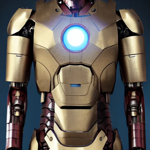 Image similar to steampunk Iron Man by H.R. Giger, full body details, smooth, sharp focus, illustration, realistic, cinematic, artstation, award winning, rgb, ethereal blue lighting, 8K, H 1088