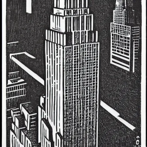 Prompt: escher woodcut of a the empire state building