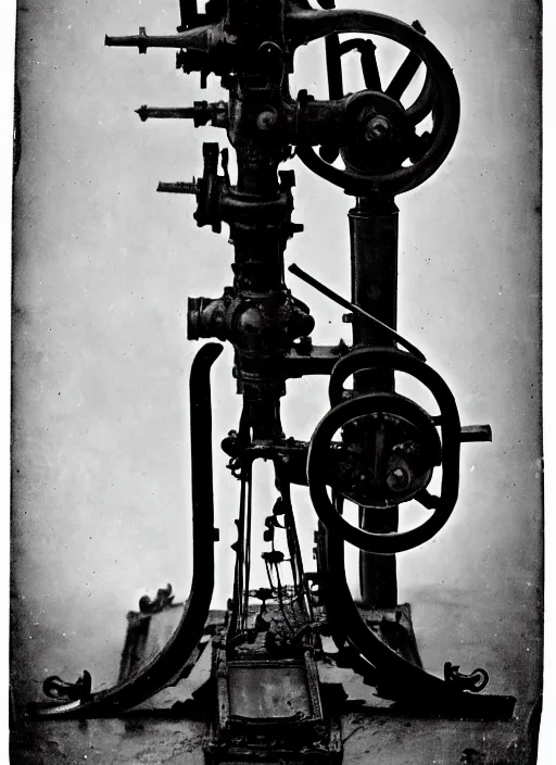 Prompt: 1 8 8 5 photo of a steampowered riveted turret from portal 2, gatling gun, daguerrotype, high quality