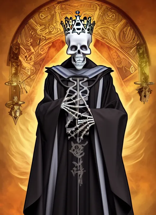 Image similar to undead skeleton king, wearing an academic gown, tarot card, highly detailed, deep focus, elegant, digital painting, smooth, sharp focus, illustration, ultra realistic, 8 k, art by artgerm and alphonse mucha