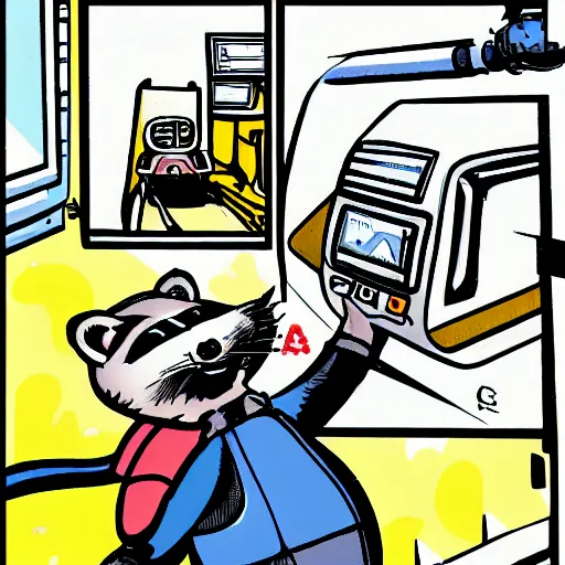 Image similar to a raccoon janitor messing with the controls on a spaceship, comic book illustration