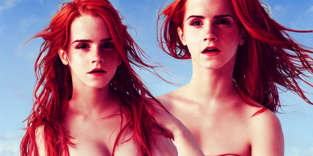 Image similar to highly detailed Red-haired beauty Emma Watson in a bikini , mid-shot ,pixiv , digital Art