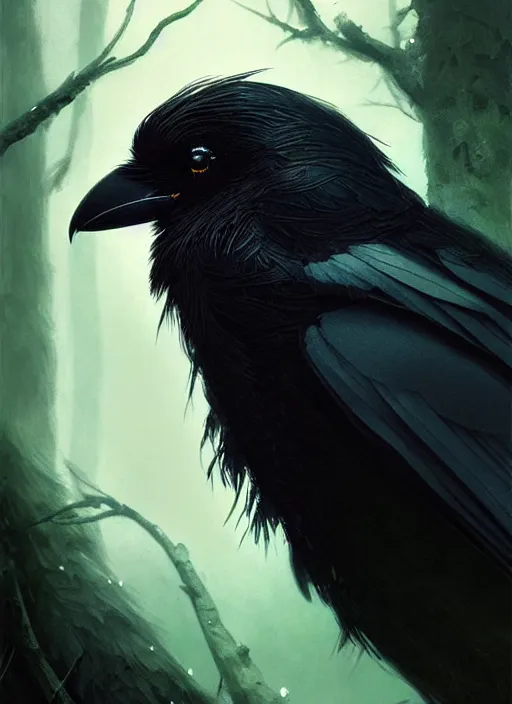 Image similar to side portrait dark crow (animal), close-up, fantasy forest landscape, moonshine, fantasy magic, nice black feather, proud, green dark light night, intricate, elegant, sharp focus, illustration, highly detailed, digital painting, concept art, matte, art by WLOP and Artgerm and Greg Rutkowski and Eddie Mendoza, masterpiece