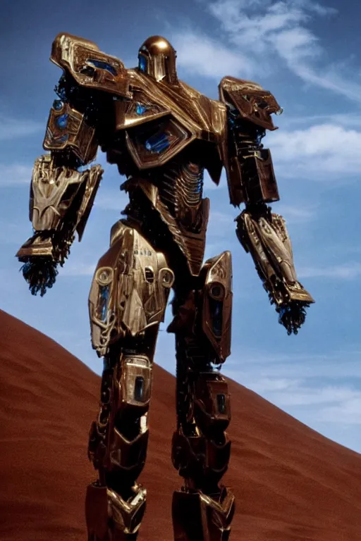 Image similar to cinematic still in dune movie and pacific rim movie and ps 5 game machine warrior 5, intricate ornate humanoid mecha warrior,