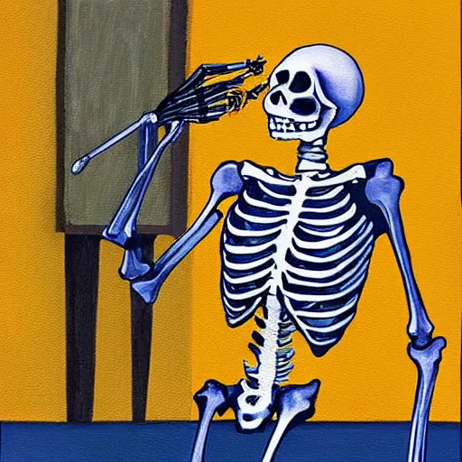 Image similar to skeleton taking a selfie, painting by mr. fish